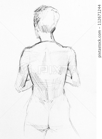 training sketch of nude model standing with back 112671244