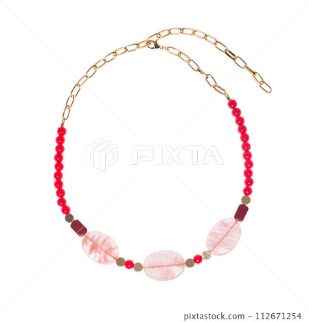Bright red jewelry necklace with semiprecious stones, coral and gold chain isolated Bright red jewelry necklace with semiprecious stones, coral and gold chain isolated 112671254