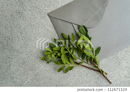 Grey envelop with pistachio branches Grey envelop with pistachio branches 112671329