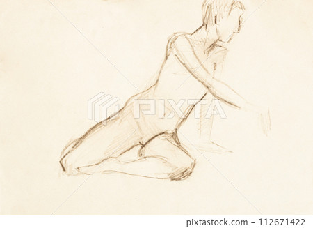 sketch of male model in front sitting on his knee 112671422
