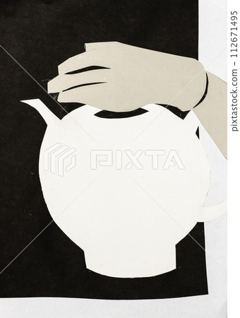 paper collage - gloved hand over teapot paper collage - gloved hand over teapot 112671495