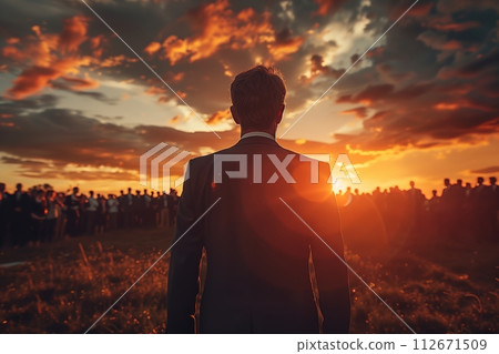 AI-generated content. Back view of man facing sunset crowd 112671509