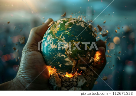AI-generated content. Hand holding burning earth in apocalyptic scene 112671538