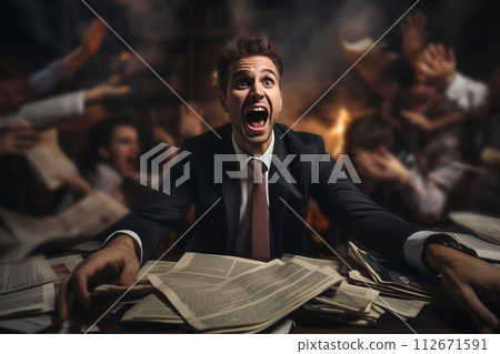 AI-generated content. Businessman overwhelmed by paperwork chaos 112671591
