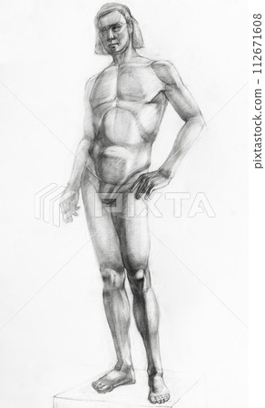 educational drawing of nude male model on podium educational drawing of nude male model on podium 112671608