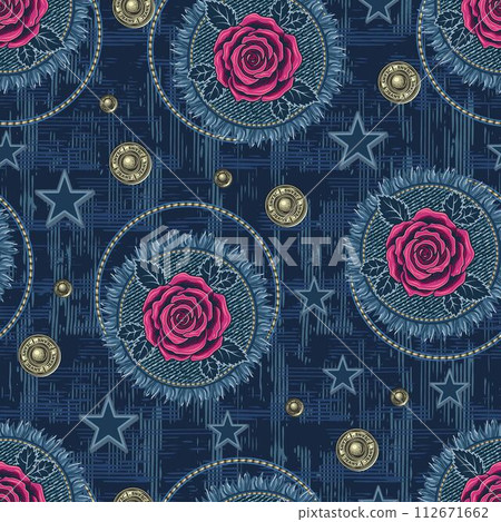 Denim seamless pattern with scattered patches with fringe, jeans buttons, rivets, pink roses. Blue grunge abstract texture with criss crossed lines on background. Vintage style 112671662