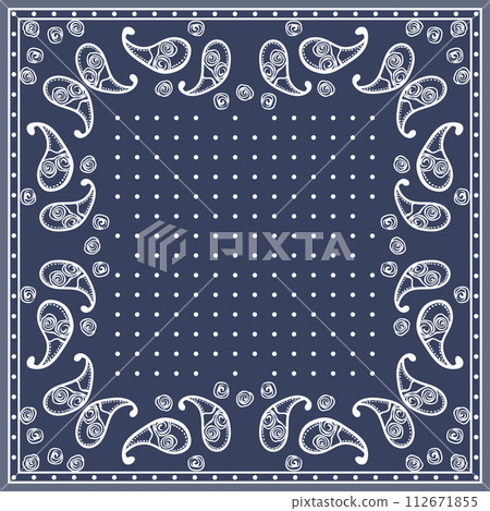 Print for kerchief, bandana, scarf, handkerchief, shawl, neck scarf. Squared pattern with ornament for fabric, textile, silk products. Paisley vector with abstract flowers. Floral folk tracery Print for kerchief, bandana, scarf, handkerchief, shawl, neck scarf. Squared pattern with ornament for fabric, textile, silk products. Paisley vector with abstract flowers. Floral folk tracery 112671855