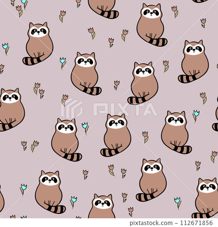 Vector seamless repeating childish pattern with cute raccoon in doodle style. Animals background for invitation, poster, card, flyer, textile, fabric 112671856