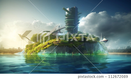 The concept of green energy and ecology of the future. Alternative high-tech wind and air energy with wind farms. AI generated 112672089