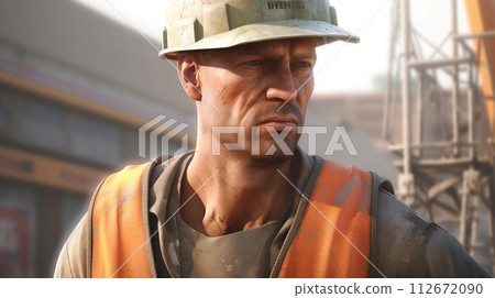 A working man in a protective construction helmet. An engineer at a construction site controls the process of industrial construction. AI generated 112672090