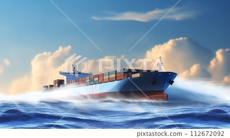 Large cargo ship with containers for cargo transportation. The concept of transportation of goods by sea on the terms of DAP DDP logistics. AI generated. 112672092