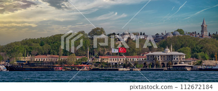 View from Galataport overlooking Bosphorus strait with ferry boat and Topkapi Palace before sunset, Istanbul, Turkey View from Galataport overlooking Bosphorus strait with ferry boat and Topkapi Palace before sunset, Istanbul, Turkey 112672184