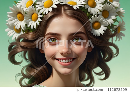 beautiful girl with long hair with daisies. 112672209