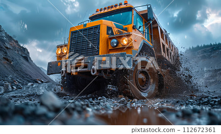 Large mining truck swiftly transports ore in a vast open pit mine. 112672361