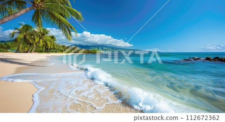 Panorama of beautiful tropical beach with palm trees and turquoise water 112672362