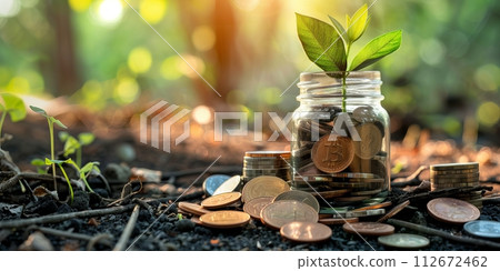 Plant growing out of coins in a glass jar with copy space 112672462