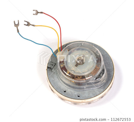 Part of a broken old telephone, phone with dial plate - plastic phone 112672553