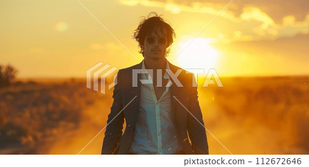 Young man in a suit on the background of the setting sun. 112672646