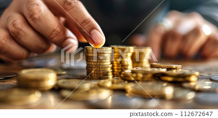 Businessman putting coin to money, business and finance concept idea. 112672647