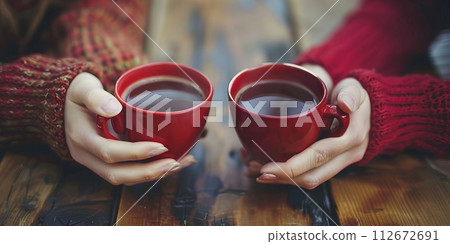 Two cups of hot tea in female hands on a wooden table. 112672691
