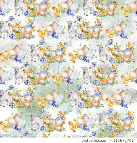 Easter floral seamless pattern with lamb and chick. Easter eggs in basket isolated on watercolor background. First spring yellow and blue flowers and pets hand drawn in neutral. For textile, package 112672701