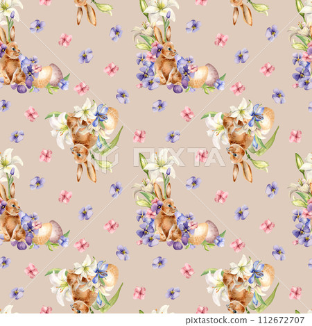 Easter rabbit, eggs and flowers seamless pattern isolated on neutral. Watercolor hare and blue, pink flowers hand drawn. Print of white lily hand painted. For design textile, package, wrapping paper 112672707