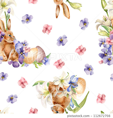 Easter rabbit, eggs and flowers seamless pattern isolated on white. Watercolor hare and blue, pink flowers hand drawn. Print of white lily hand painted. For design textile, package, wrapping paper 112672708