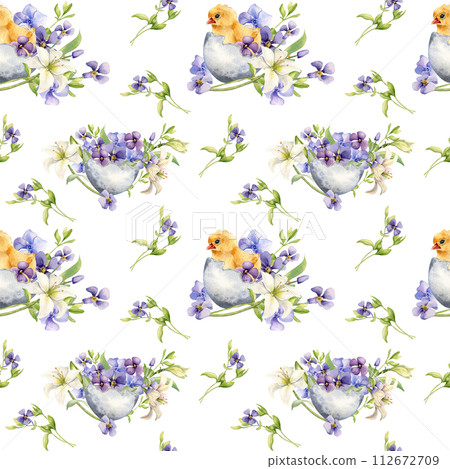 Chick in egg shell with flowers Easter seamless pattern isolated on white. Watercolor baby bird and blue spring plants hand drawn. For design Easter decoration, background, textile, package, paper 112672709