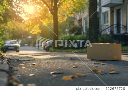 AI-generated content. Cardboard box in front of residential home entrance at sunny day. 112672728