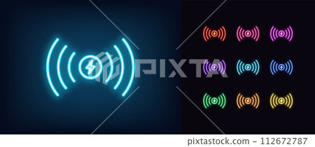 Outline neon electric charging point icon set. Wireless charge place with glowing neon lightning sign and waves. Dock station, wireless electromagnetic charger for charging battery device. Vector icon 112672787
