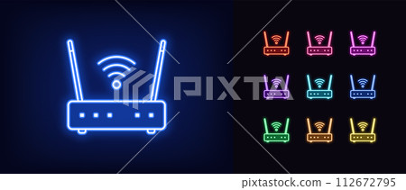 Outline neon wifi router icon set. Glowing neon wifi router with antennas and wave signal. Wireless internet, mobile hotspot, modem with wifi network, internet connection. Vector icon set 112672795
