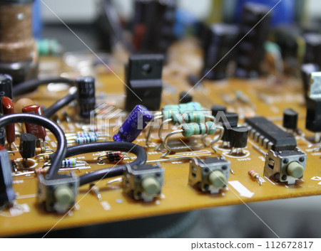 Components On Electronic Control Card Extreme Closeup Photo 112672817