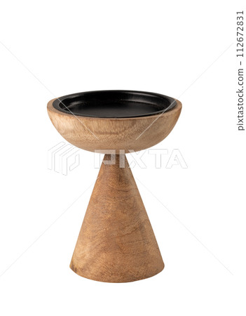 stylish modern designer wooden candlestick on white background 112672831