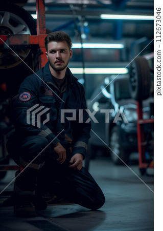 Caucasian man repairing car in auto repair shop. 112673046