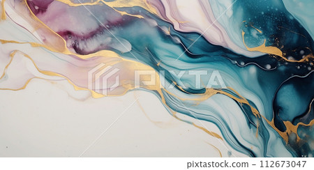 Colorful texture. Dark blue, white and gold stripes. Blur the background. Water-based ink and alcohol ink. Watercolor blur. Alcohol ink stains. Alcohol ink texture. 112673047