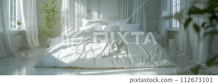 The messy bedroom interior has not yet been neatly arranged. 112673101