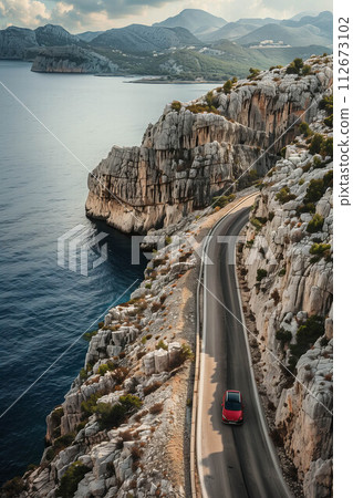 Drone view of a car driving on a road that cuts through mountains and sea. 112673102