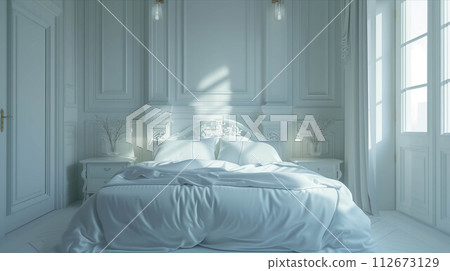 The messy bedroom interior has not yet been neatly arranged. 112673129