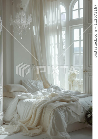 The messy bedroom interior has not yet been neatly arranged. The messy bedroom interior has not yet been neatly arranged. 112673167