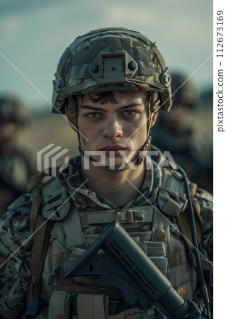 A Caucasian man in a camouflage military uniform is on a battlefield full of troops. A Caucasian man in a camouflage military uniform is on a battlefield full of troops. 112673169