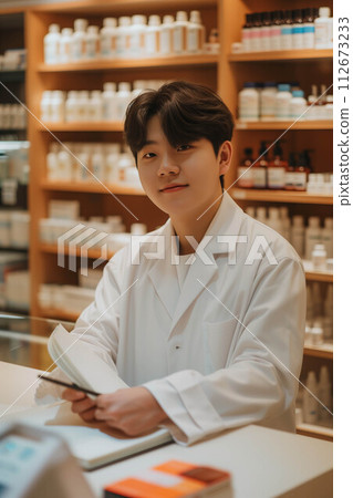 Asian male pharmacist checking documents in pharmacy. Asian male pharmacist checking documents in pharmacy. 112673233