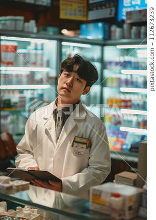 Asian male pharmacist checking documents in pharmacy. 112673239