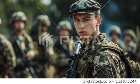 A Caucasian man in a camouflage military uniform is on a battlefield full of troops. 112673244