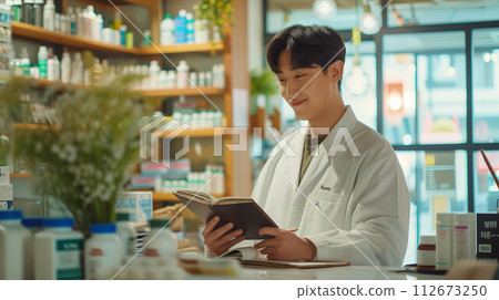 Asian male pharmacist checking documents in pharmacy. 112673250