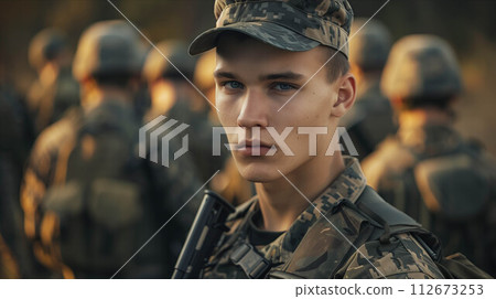 A Caucasian man in a camouflage military uniform is on a battlefield full of troops. A Caucasian man in a camouflage military uniform is on a battlefield full of troops. 112673253
