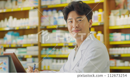 Asian male pharmacist checking documents in pharmacy. Asian male pharmacist checking documents in pharmacy. 112673254