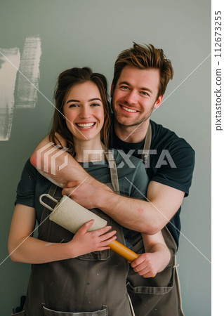 A Caucasian man and woman are hugging each other's shoulders and smiling with confidence painting a wall. 112673255