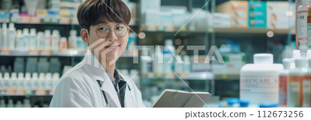 Asian male pharmacist checking documents in pharmacy. 112673256