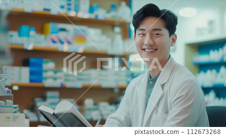 Asian male pharmacist checking documents in pharmacy. 112673268