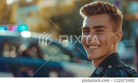 A Caucasian male police officer smiles with confidence while working the streets. 112673482